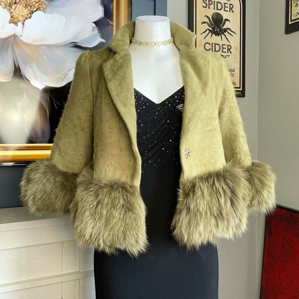 Elegant Faux Fur Trimmed Cape in olive green